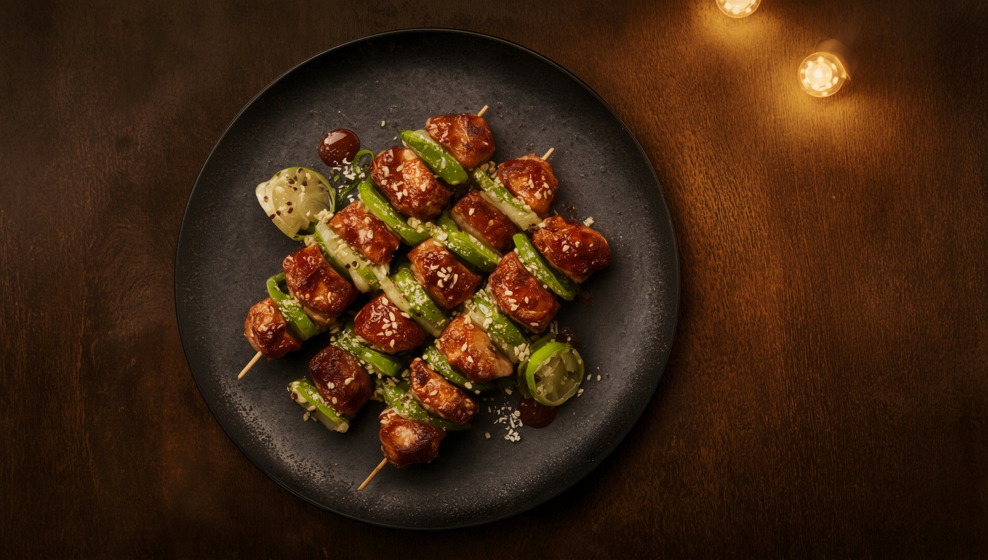 Grilled chicken and scallion skewers on a black plate, glazed and charred at the edges.