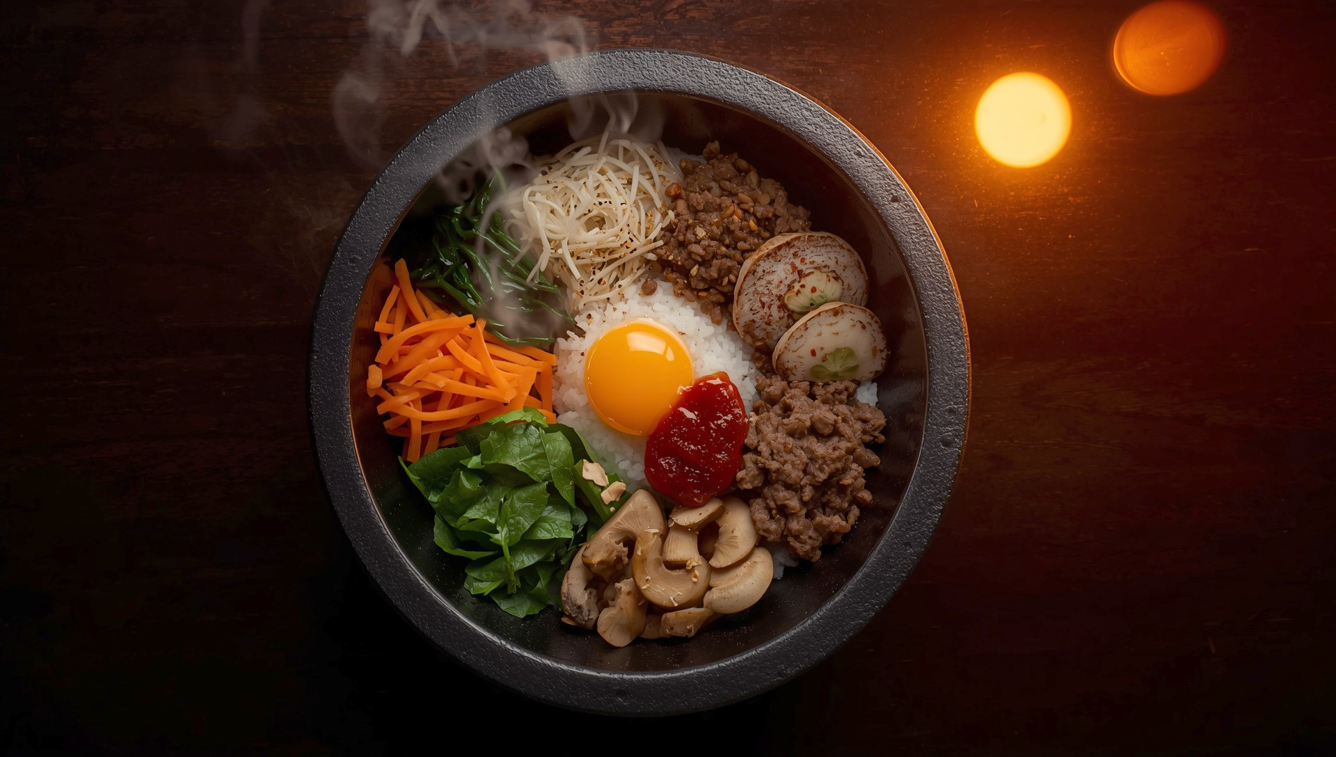 Dolsot bibimbap in a hot stone bowl, vegetables in wedges around a raw egg yolk, steam rising.