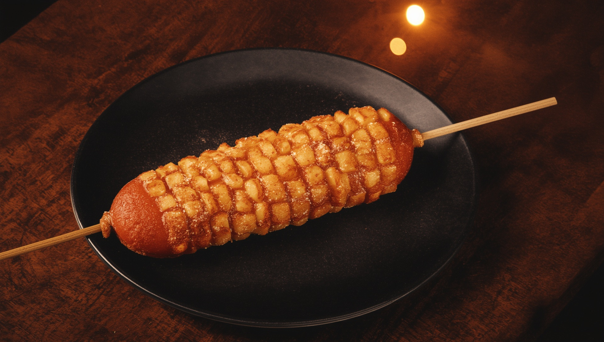 A Korean corndog on a stick, crusted in cubes of fried potato and dusted with sugar, on a black plate.