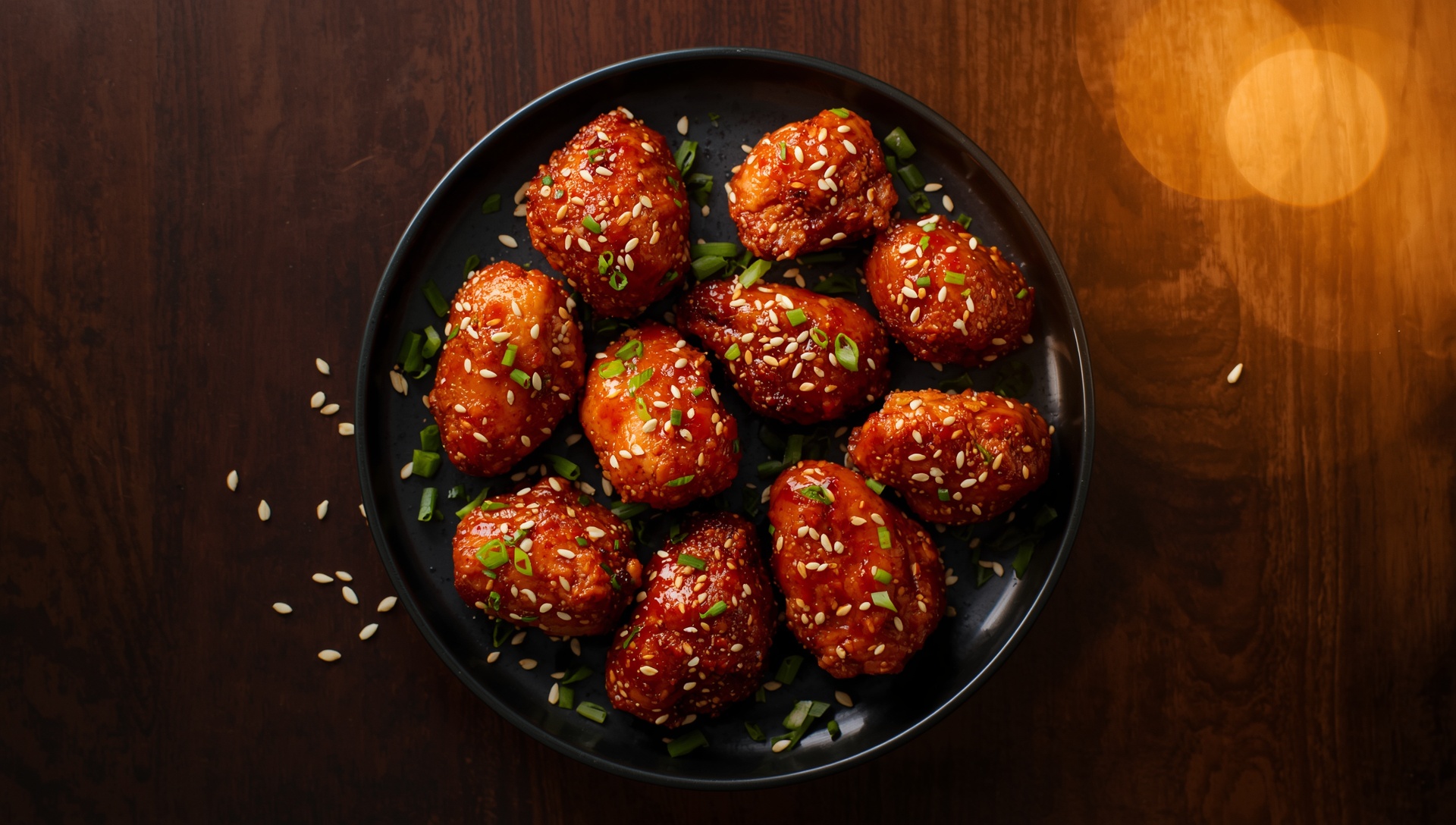 Yangnyeom half chicken, ten boneless pieces in a red gochujang glaze with scallion and sesame, on a black plate.