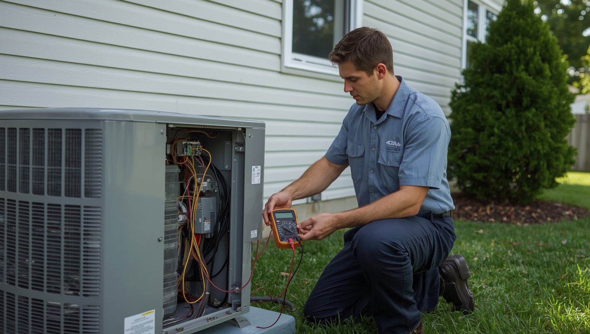 A Ridgeline technician testing an outdoor air conditioning unit