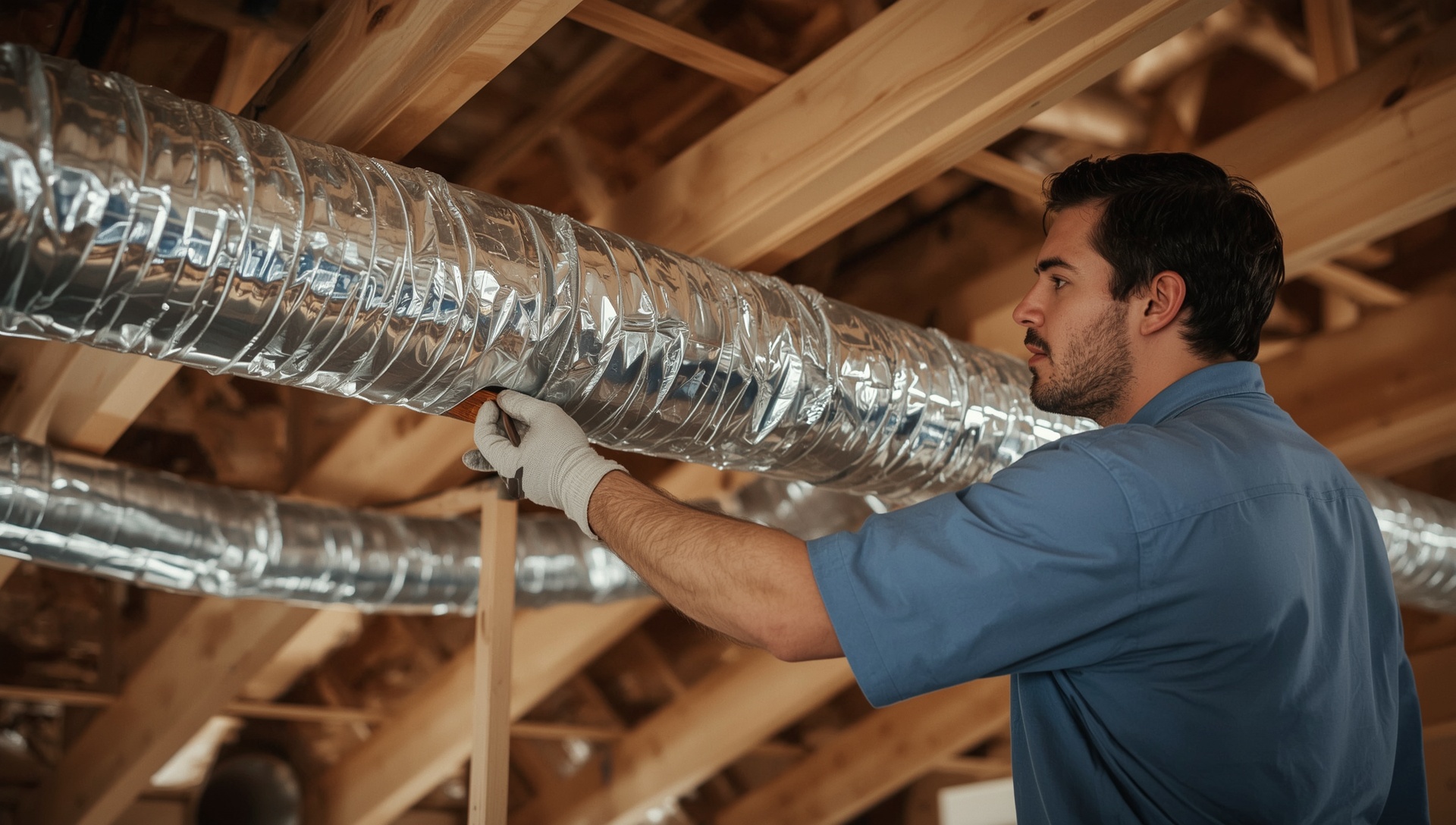 A Ridgeline technician sealing a duct joint in an attic