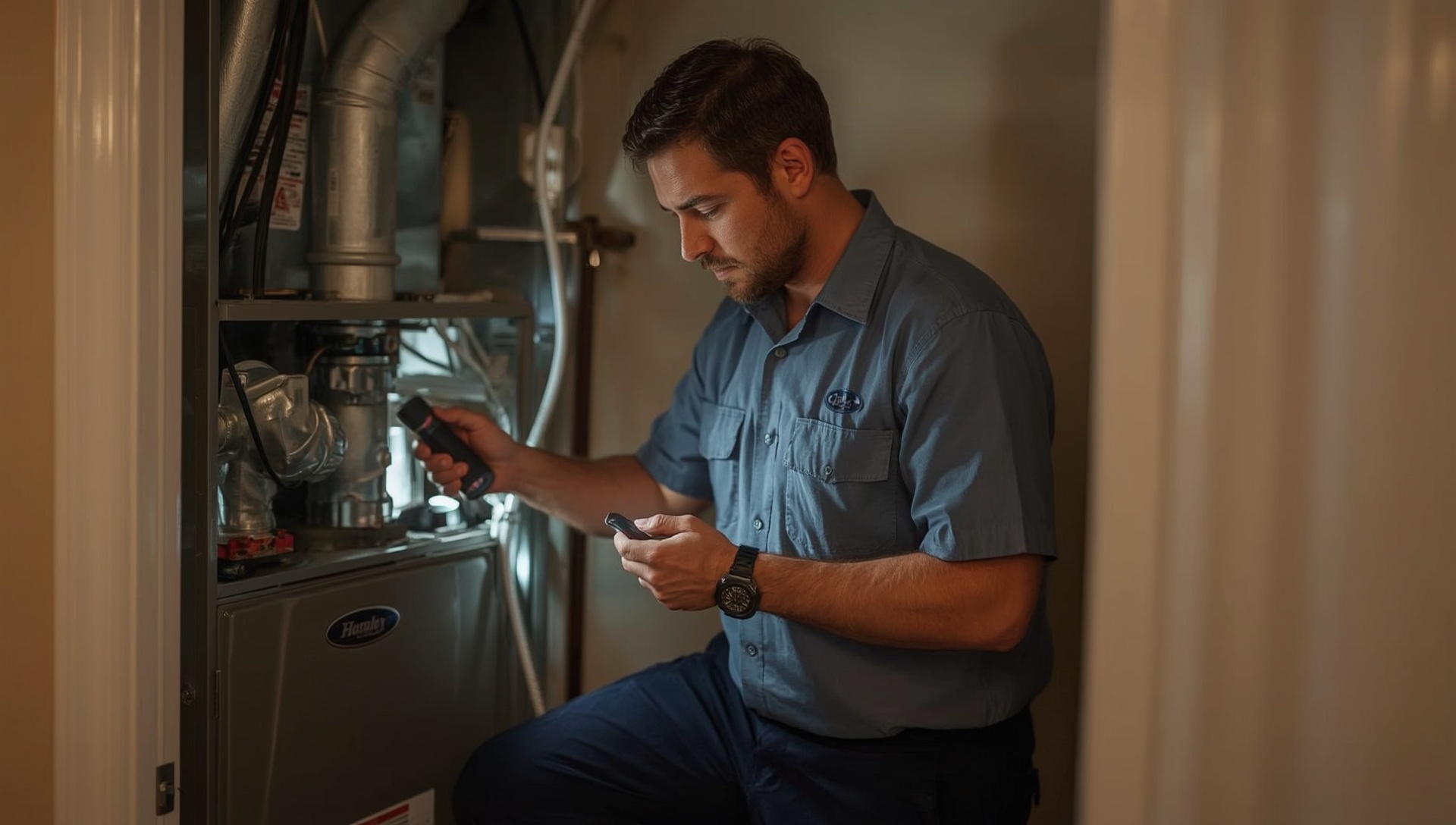 A Ridgeline technician working on a residential furnace
