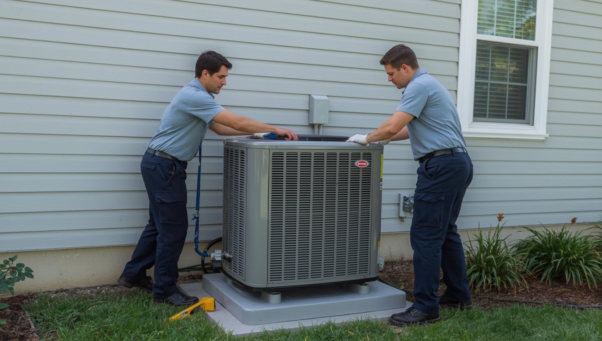 Two Ridgeline technicians setting a new outdoor unit onto its pad