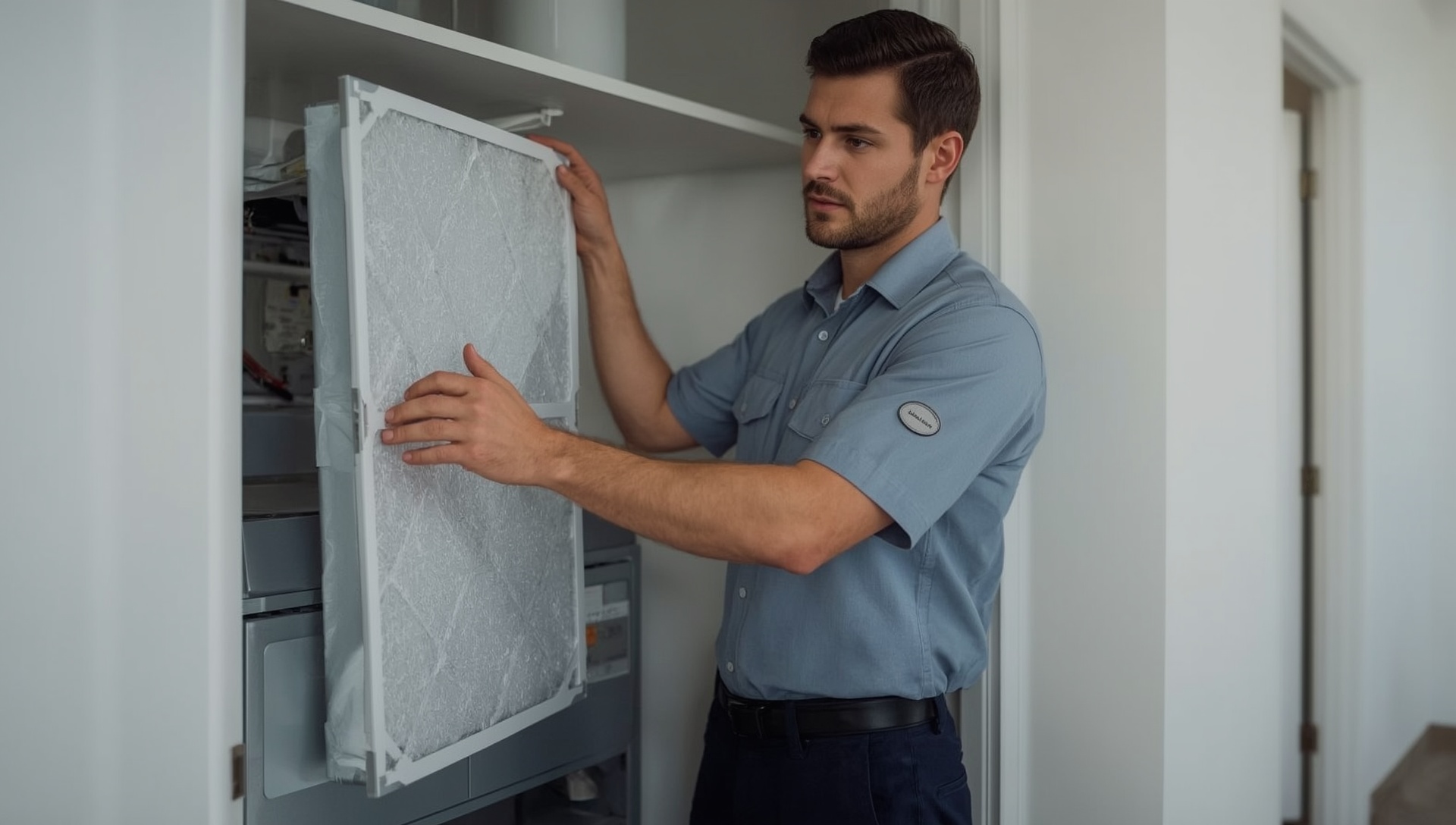 A Ridgeline technician fitting a clean air filter