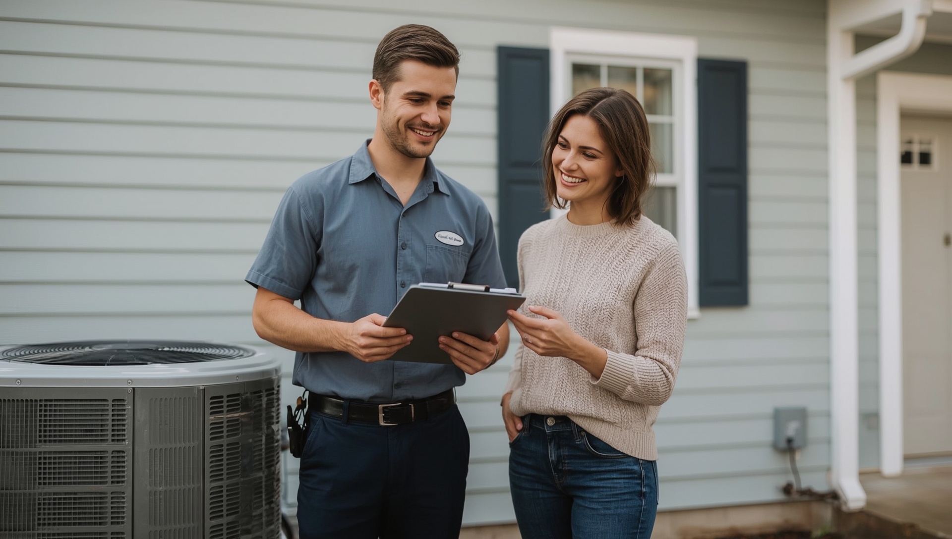 A Ridgeline technician showing a homeowner what he found, beside her outdoor unit