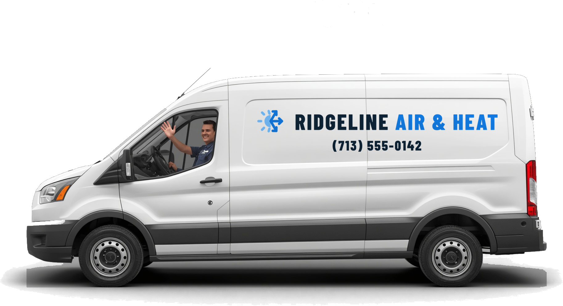 A Ridgeline Air and Heat van with the driver waving out of the window