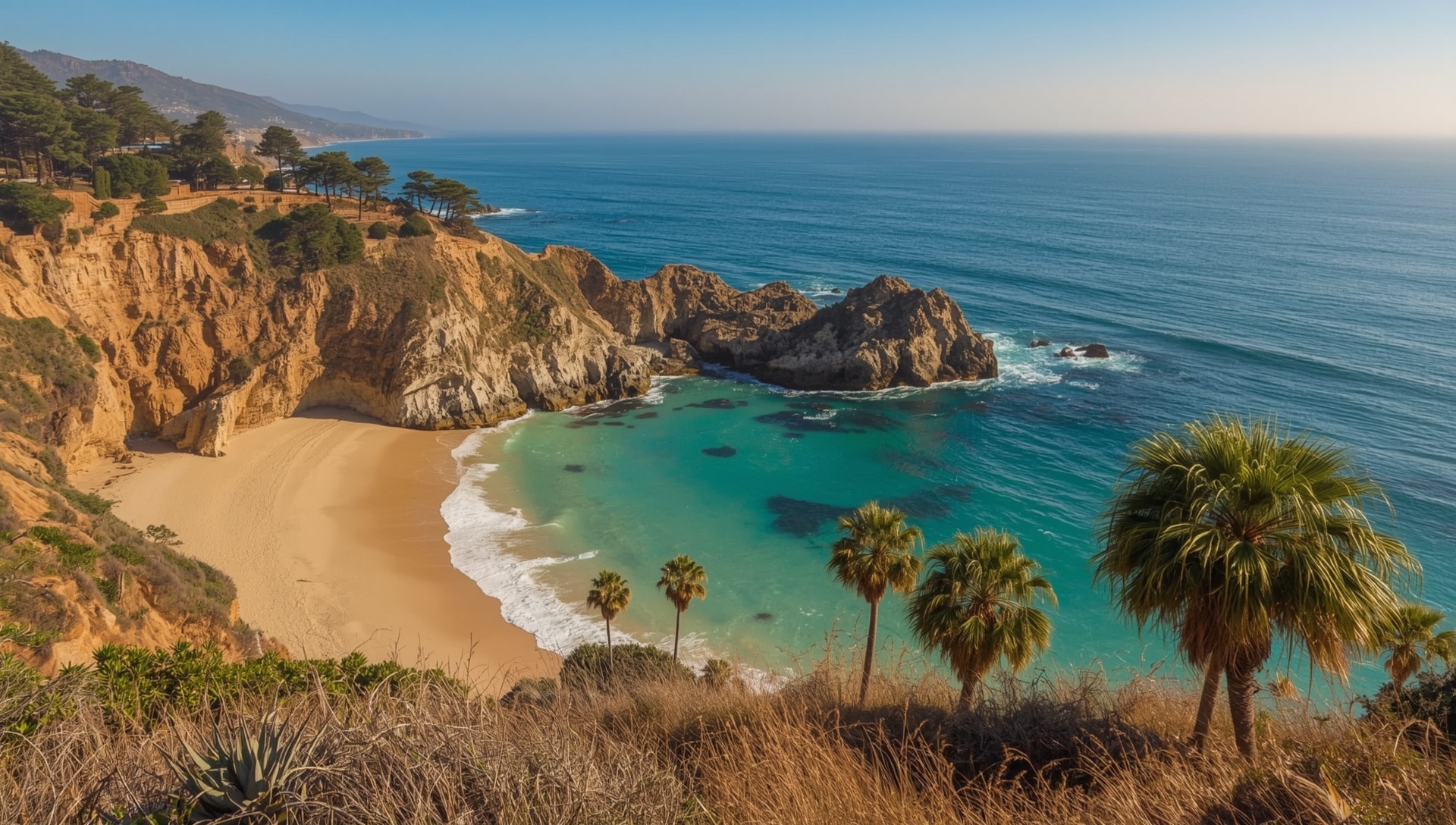 A sandy cove below sandstone cliffs on the Laguna Beach coast
